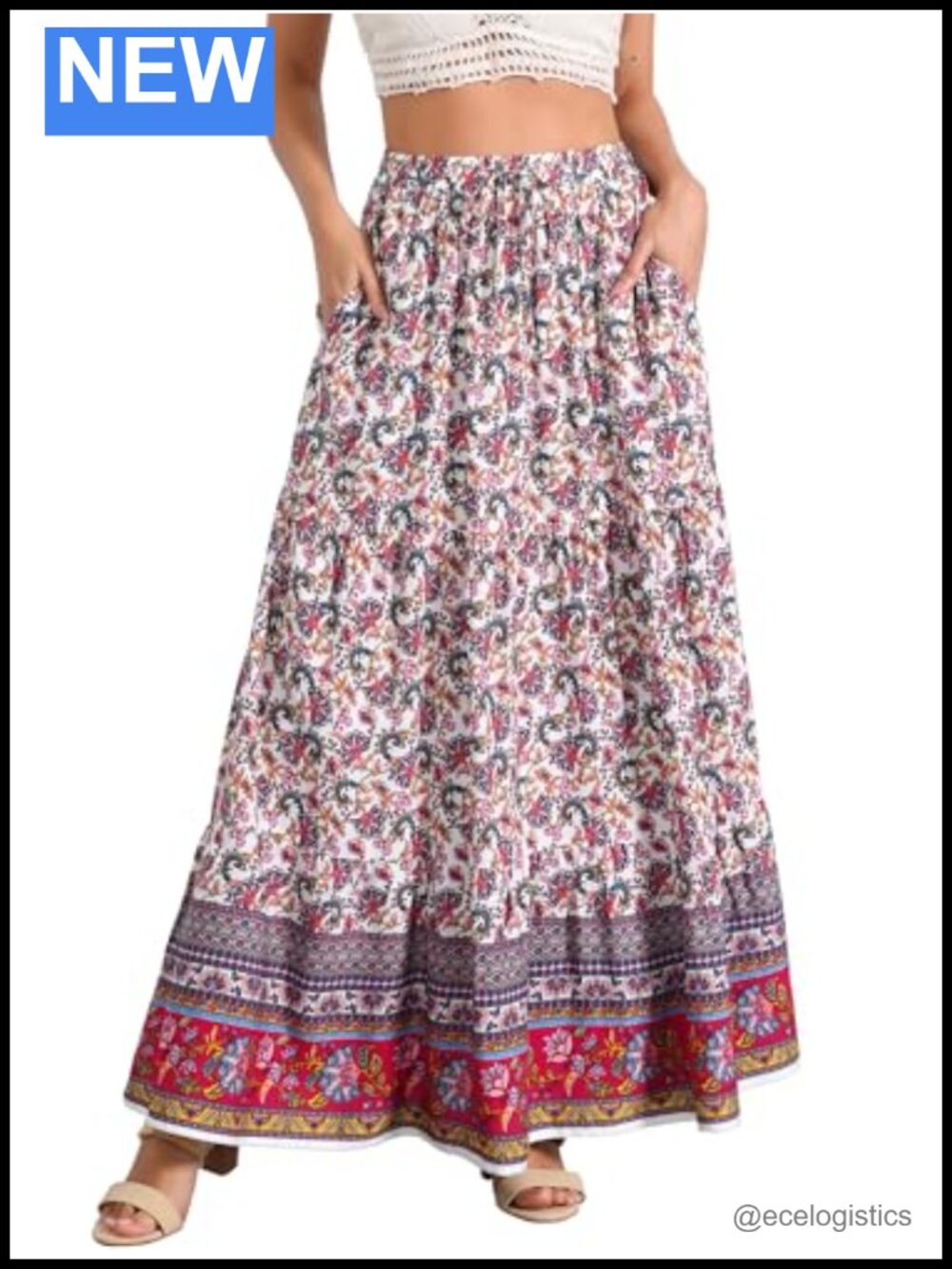 Boho Floral Maxi Skirt Rayon A-Line Swing Hem Elastic Waist